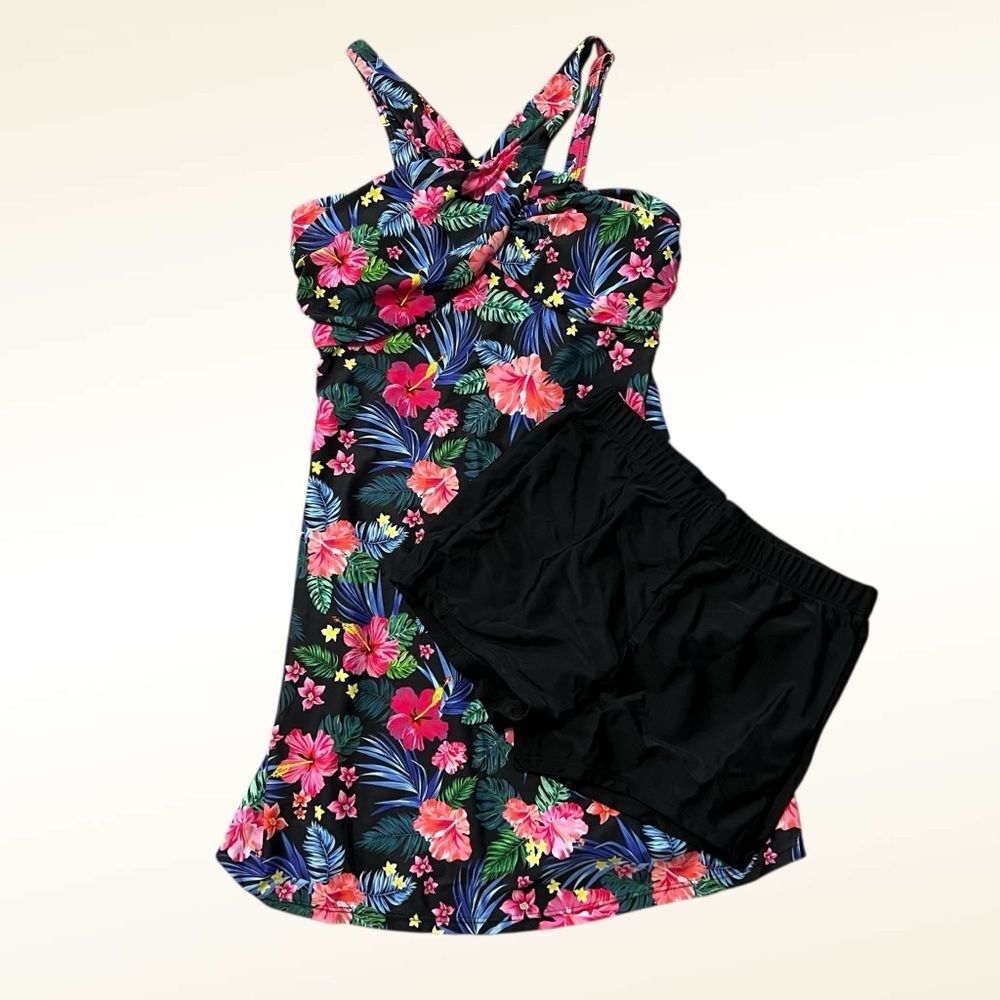 Kate Kasin Womens Floral Swim Dress With Shorts NWT Size Small Black Modest